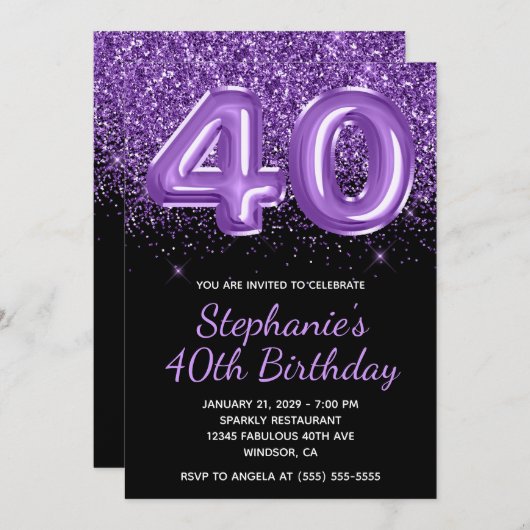 Sparkly Royal Paarse Glitter Zwart Nummer 40 Kaart (Voorkant / Achterkant)