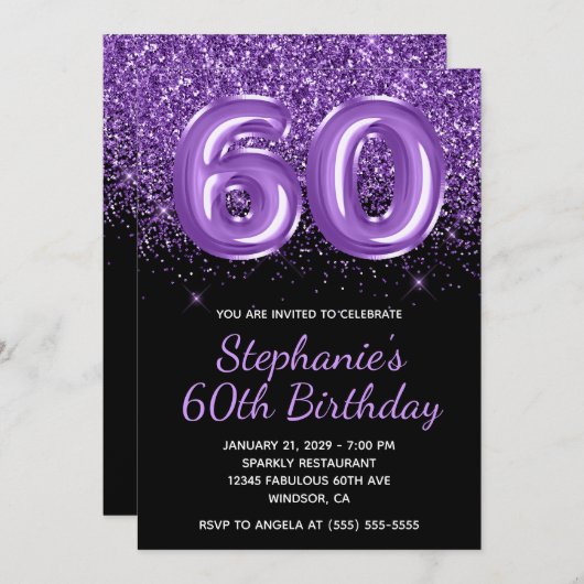 Sparkly Royal Paarse Glitter Zwart Nummer 60 Kaart (Voorkant / Achterkant)