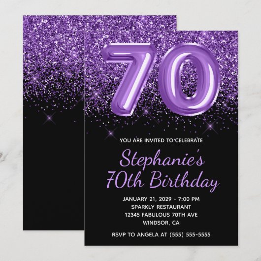 Sparkly Royal Paarse Glitter Zwart Nummer 70 Kaart (Voorkant / Achterkant)