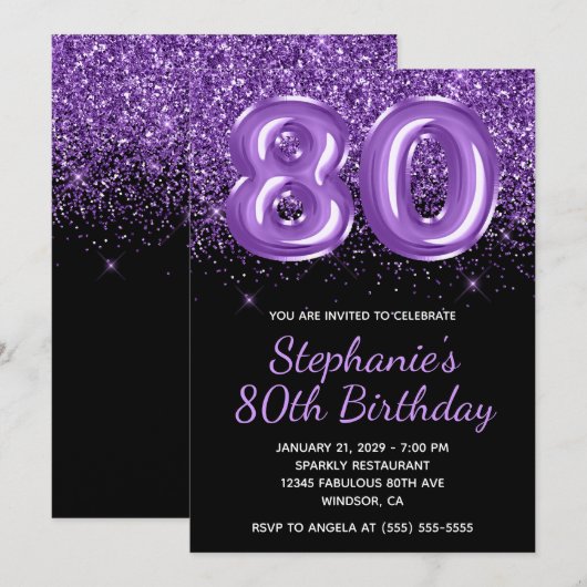 Sparkly Royal Paarse Glitter Zwart Nummer 80 Kaart (Voorkant / Achterkant)
