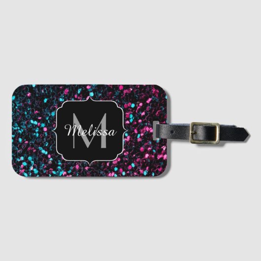 Sparkly roze blauwe mozaïekglitter spark Monogram Bagagelabel (Voorkant (horizontaal))