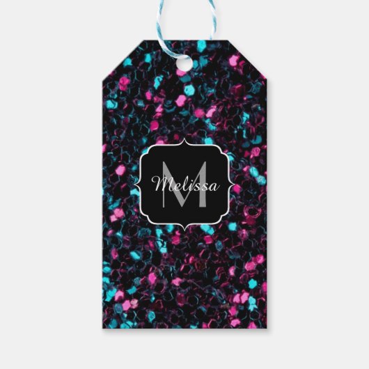 Sparkly roze blauwe mozaïekglitter spark Monogram Cadeaulabel (Voorkant)