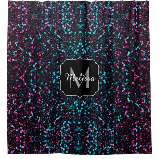 Sparkly roze blauwe mozaïekglitter spark Monogram Douchegordijn (Voorkant)