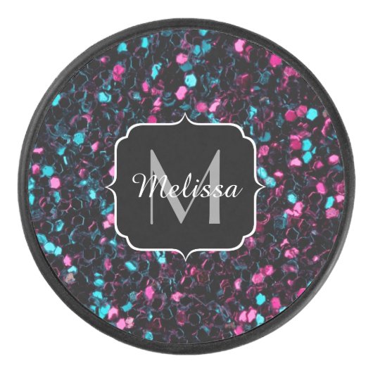 Sparkly roze blauwe mozaïekglitter spark Monogram Hockey Puck (Voorkant)