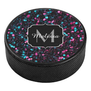 Sparkly roze blauwe mozaïekglitter spark Monogram Hockey Puck