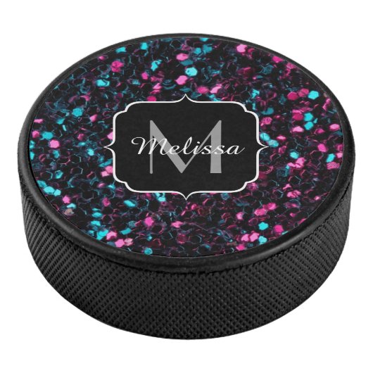 Sparkly roze blauwe mozaïekglitter spark Monogram Hockey Puck (3/4)