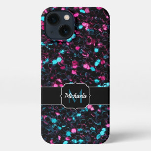 Sparkly roze blauwe mozaïekglitter spark Monogram iPhone 13 Hoesje