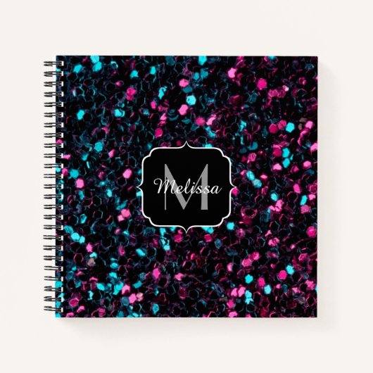 Sparkly roze blauwe mozaïekglitter spark Monogram Notitieboek (Voorkant)