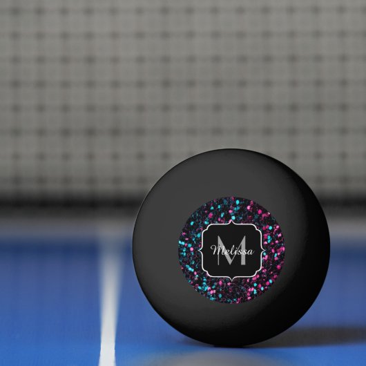 Sparkly roze blauwe mozaïekglitter spark Monogram Pingpongbal (Net)