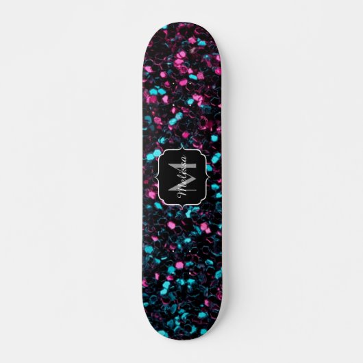 Sparkly roze blauwe mozaïekglitter spark Monogram Skateboard (Voorkant)