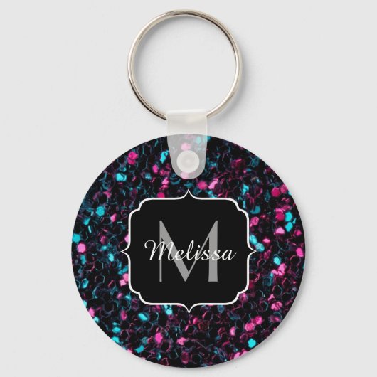 Sparkly roze blauwe mozaïekglitter spark Monogram Sleutelhanger (Voorkant)