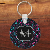 Sparkly roze blauwe mozaïekglitter spark Monogram Sleutelhanger (Voorkant)