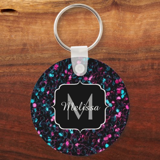 Sparkly roze blauwe mozaïekglitter spark Monogram Sleutelhanger (Voorkant)