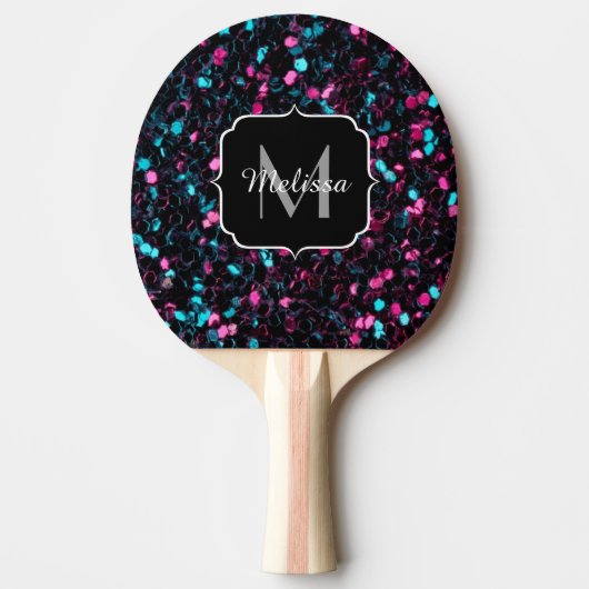 Sparkly roze blauwe mozaïekglitter spark Monogram Tafeltennisbatje (Voorkant)