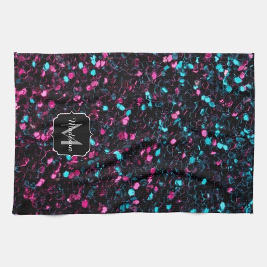 Sparkly roze blauwe mozaïekglitter spark Monogram Theedoek (Horizontaal)