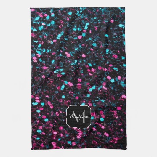 Sparkly roze blauwe mozaïekglitter spark Monogram Theedoek (Verticaal)