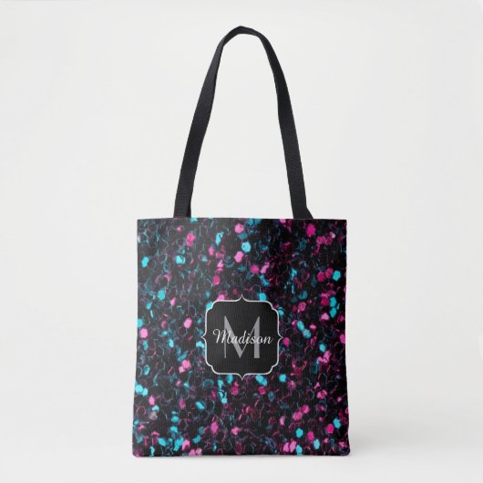 Sparkly roze blauwe mozaïekglitter spark Monogram Tote Bag (Voorkant)