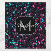Sparkly roze blauwe mozaïekglitter spark Monogram Wijn Etiket (Enkel label)