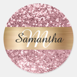 Sparkly Roze Glitter Gouden Shimmer Monogram Ronde Sticker