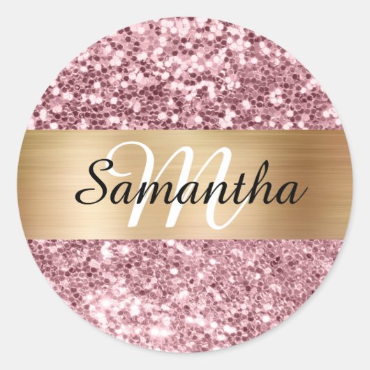 Sparkly Roze Glitter Gouden Shimmer Monogram Ronde Sticker (Voorkant)