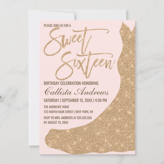 Sparkly Roze Gouden Glitter Jurk Sweet 16 Kaart (Voorkant)