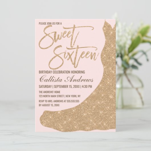 Sparkly Roze Gouden Glitter Jurk Sweet 16 Kaart (Staand voorkant)