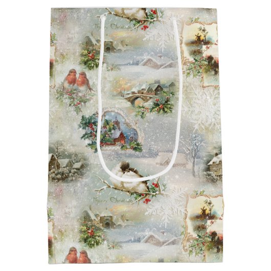 Sparkly Rustic Kerstwinter Scenes Collage Medium Cadeauzakje (Achterkant)