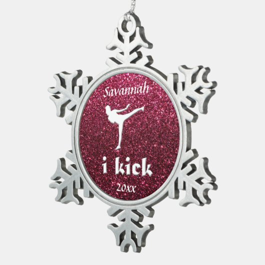 Sparkly Shimmering fuchsia 'i trap' op maat Tin Sneeuwvlok Ornament (Rechts)