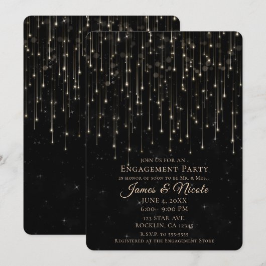 Sparkly Shooting Stars Black Chic Engagement Party Kaart (Voorkant / Achterkant)
