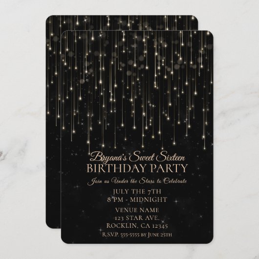 Sparkly Shooting Stars Black Chic Sweet 16 Kaart (Voorkant / Achterkant)