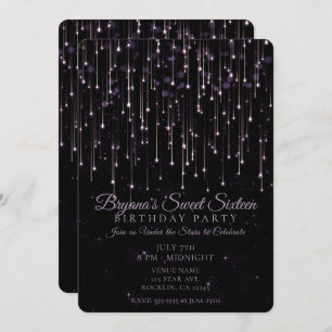 Sparkly Shooting Stars Paars Sweet 16 Party Invit Kaart