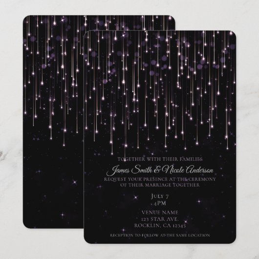 Sparkly Shooting Stars Paarse Chic Modern Wedding Kaart (Voorkant / Achterkant)