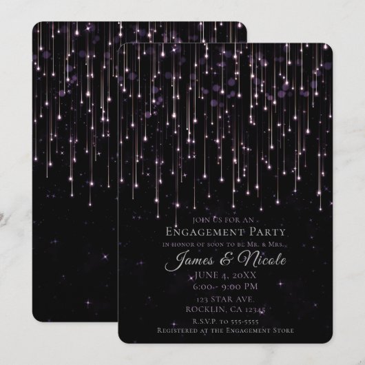 Sparkly Shooting Stars Paarse Engagement Party Inv Kaart (Voorkant / Achterkant)
