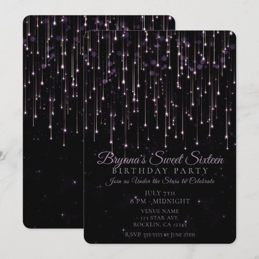 Sparkly Shooting Stars Paarse Sweet 16 Party Invit Kaart (Voorkant / Achterkant)