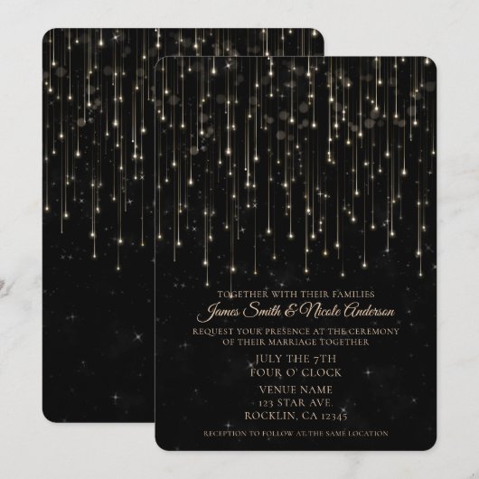 Sparkly Shooting Stars Zwart Chic Modern Huwelijk Kaart (Voorkant / Achterkant)