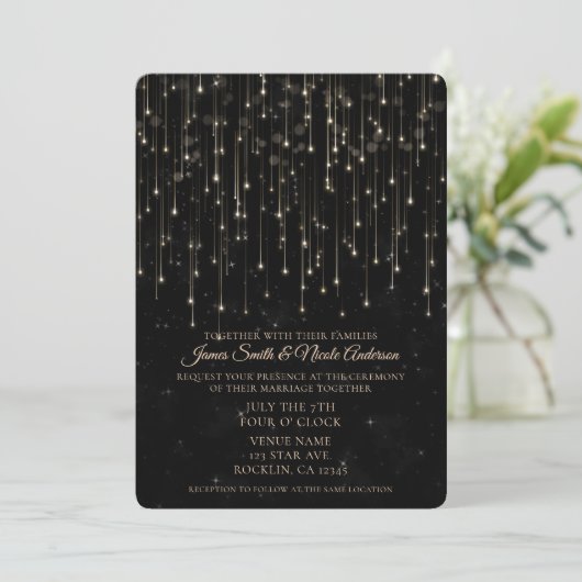 Sparkly Shooting Stars Zwart Chic Modern Huwelijk Kaart (Staand voorkant)