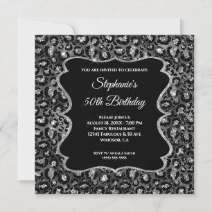 Sparkly Silver Black Leopard Glam 50th Birthday Kaart