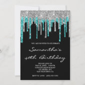 Sparkly Silver Cyan Glitter Drift Black Birthday Kaart (Voorkant)