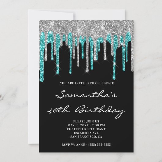 Sparkly Silver Cyan Glitter Drift Black Birthday Kaart (Voorkant)