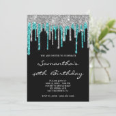 Sparkly Silver Cyan Glitter Drift Black Birthday Kaart (Staand voorkant)