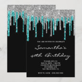 Sparkly Silver Cyan Glitter Drift Black Birthday Kaart (Voorkant / Achterkant)
