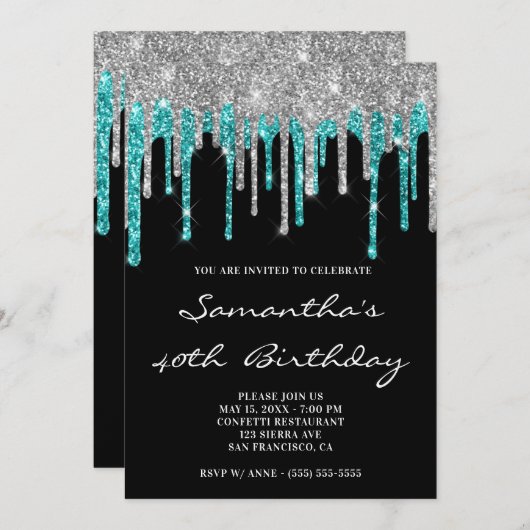 Sparkly Silver Cyan Glitter Drift Black Birthday Kaart (Voorkant / Achterkant)