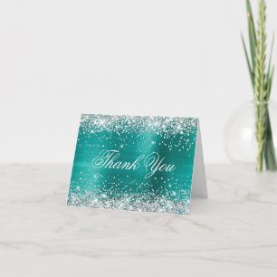 Sparkly Silver Faux Glitter Aqua Blauwgroen Folie Bedankkaart