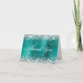 Sparkly Silver Faux Glitter Aqua Blauwgroen Folie Bedankkaart (Voorkant)