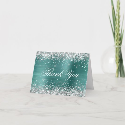 Sparkly Silver Faux Glitter Aqua Blauwgroen Folie Bedankkaart (Voorkant)