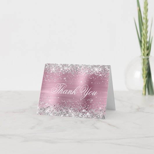 Sparkly Silver Faux Glitter Roze Folie Bedankkaart (Voorkant)