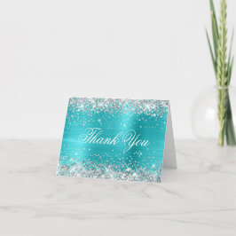 Sparkly Silver Faux Glitter Turquoise Blue Folie Bedankkaart