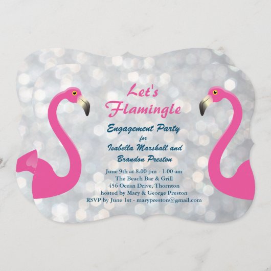 Sparkly Silver Flamingo Engagement Party nodigt ui Kaart (Voorkant / Achterkant)