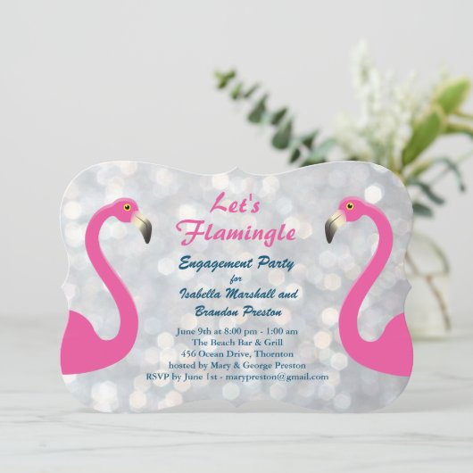 Sparkly Silver Flamingo Engagement Party nodigt ui Kaart (Staand voorkant)