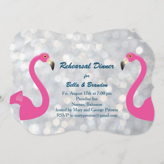 Sparkly Silver Flamingo Rehearsal Dinner nodigt ui Kaart (Voorkant / Achterkant)